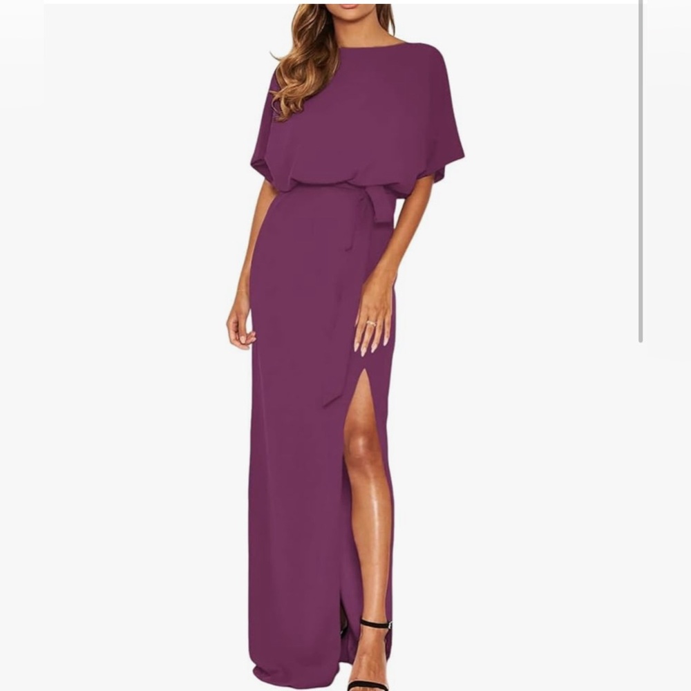 Womens Formal Dress Batwing Sleeve Waist Belted High Slit Long gown